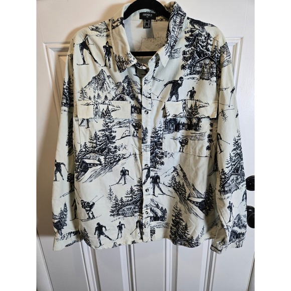 Forever 21 Other - Forever 21 Men Corduroy Button Down Shirt XL Skiing Mountain Print Off White